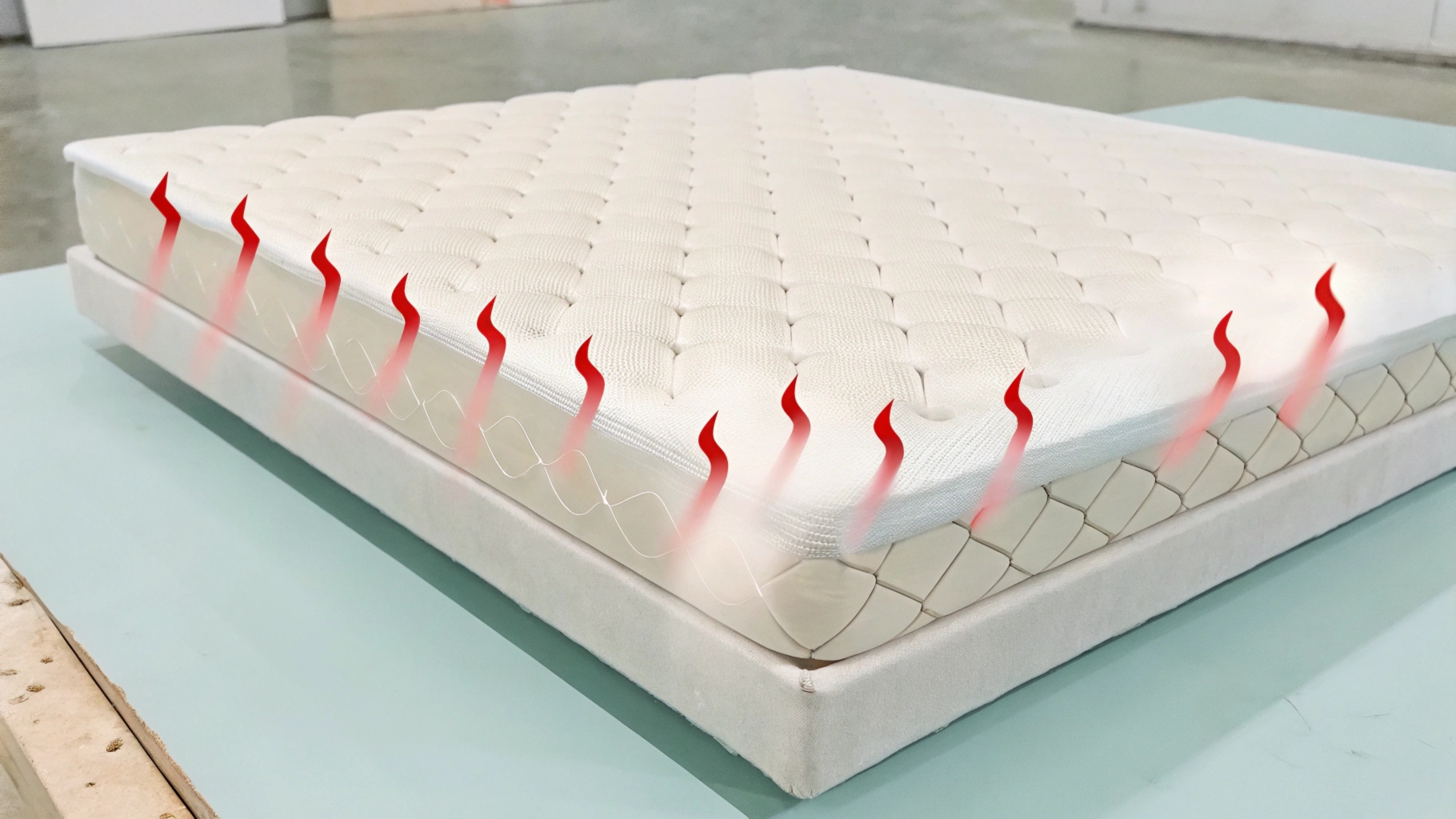 Mattress with red heat flow indicators showing breathability and temperature regulation features.