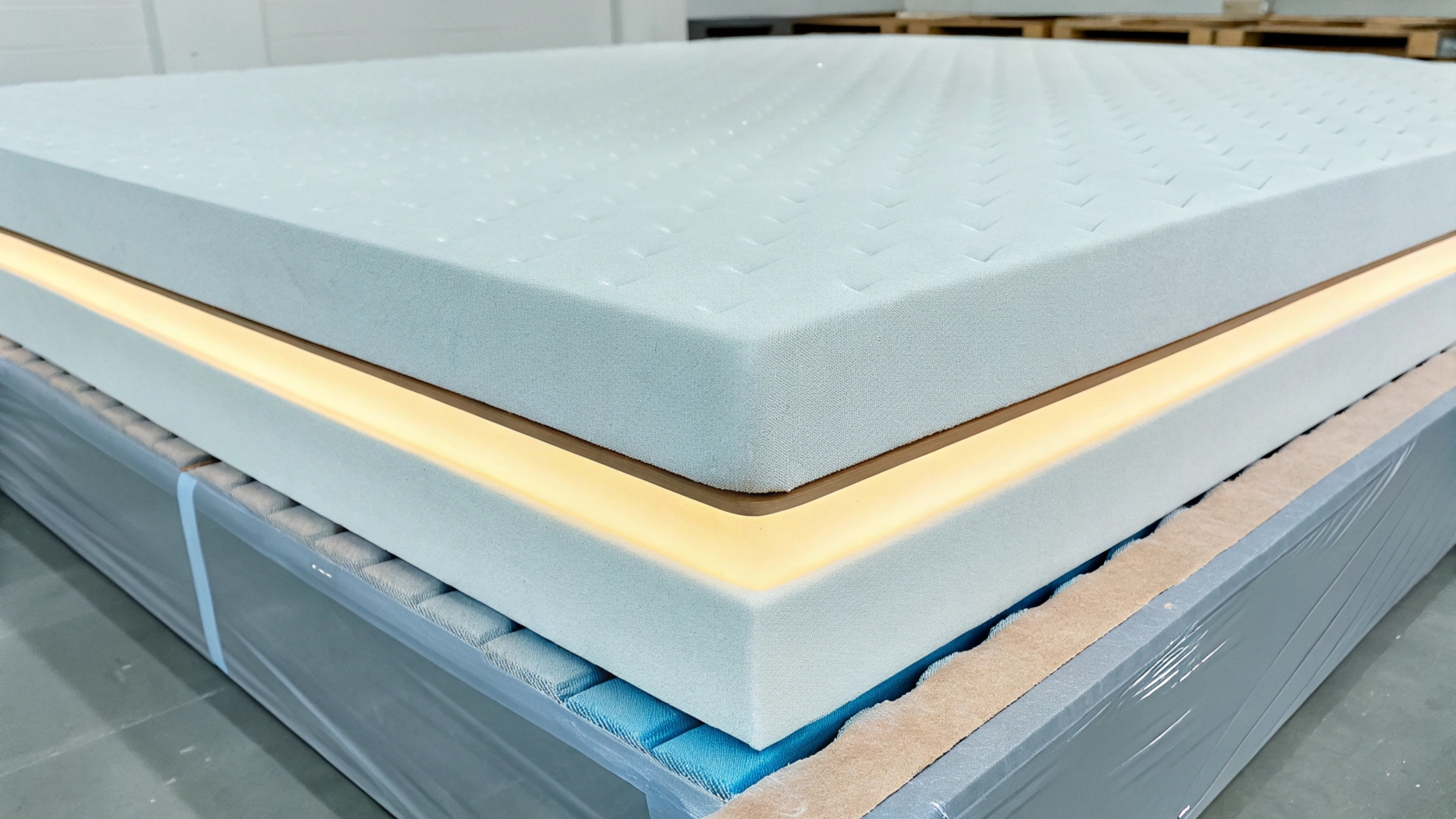 Close-up of a foam mattress with a glowing support layer, stacked on a wrapped foundation.