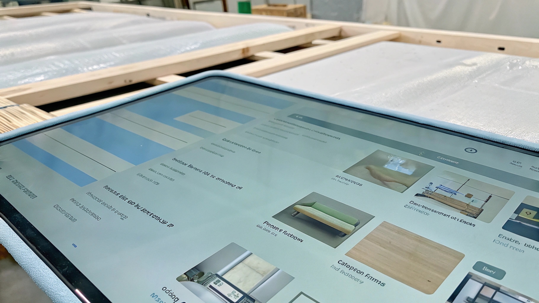 Tablet screen showing product listings and information, placed on wooden frames in a workshop.