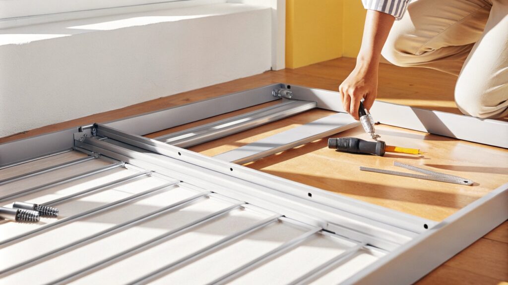 Person assembling a metal bed frame with tools on a wooden floor.