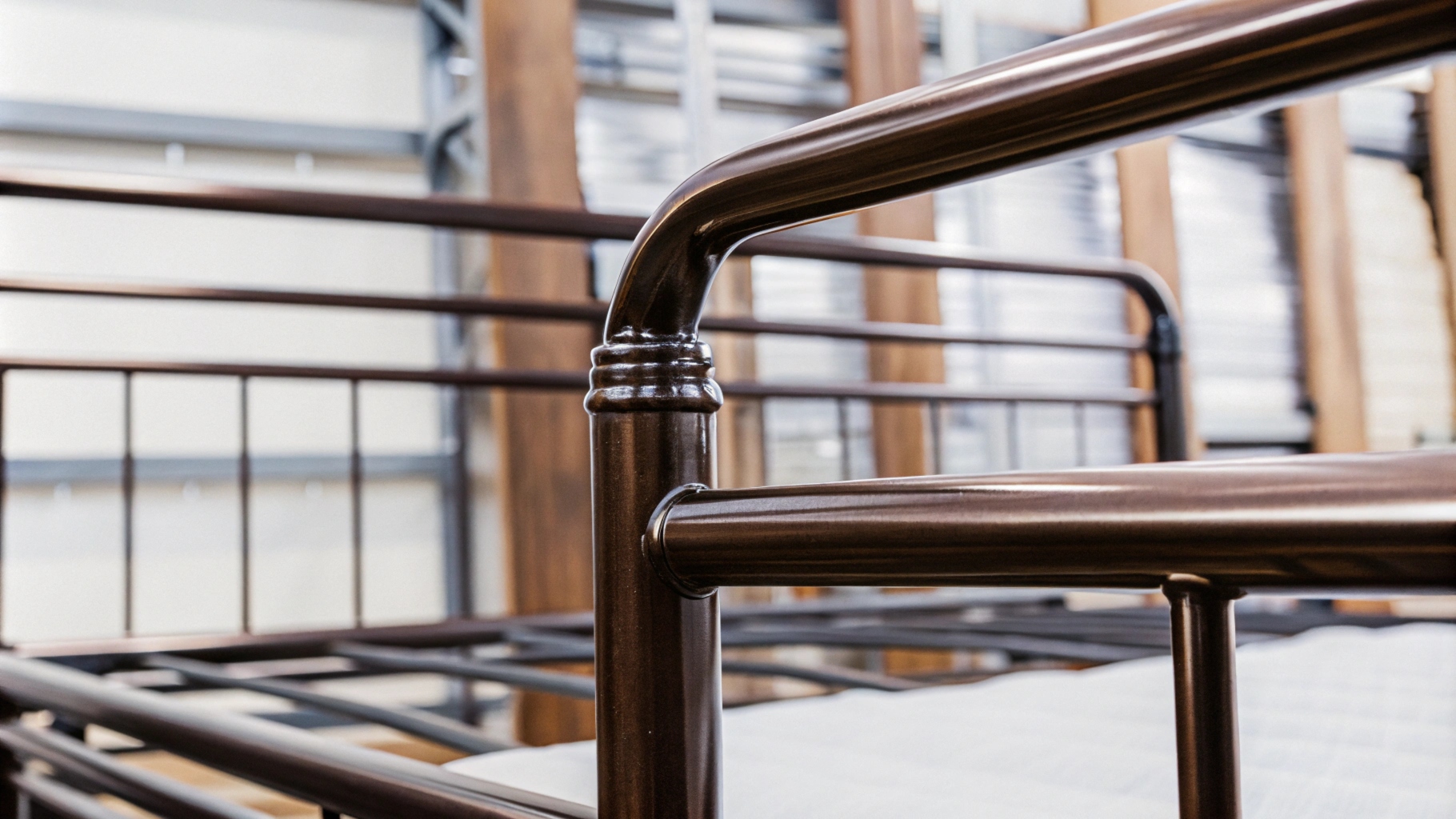 Close-up of a metal bed frame with brown finish in a storage area.