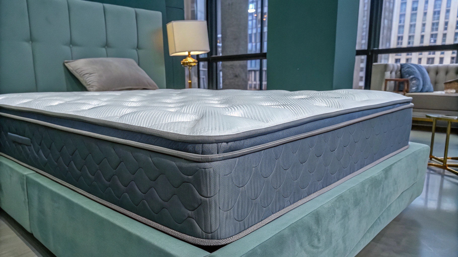 Luxury mattress on a modern upholstered bed frame in a stylish bedroom.