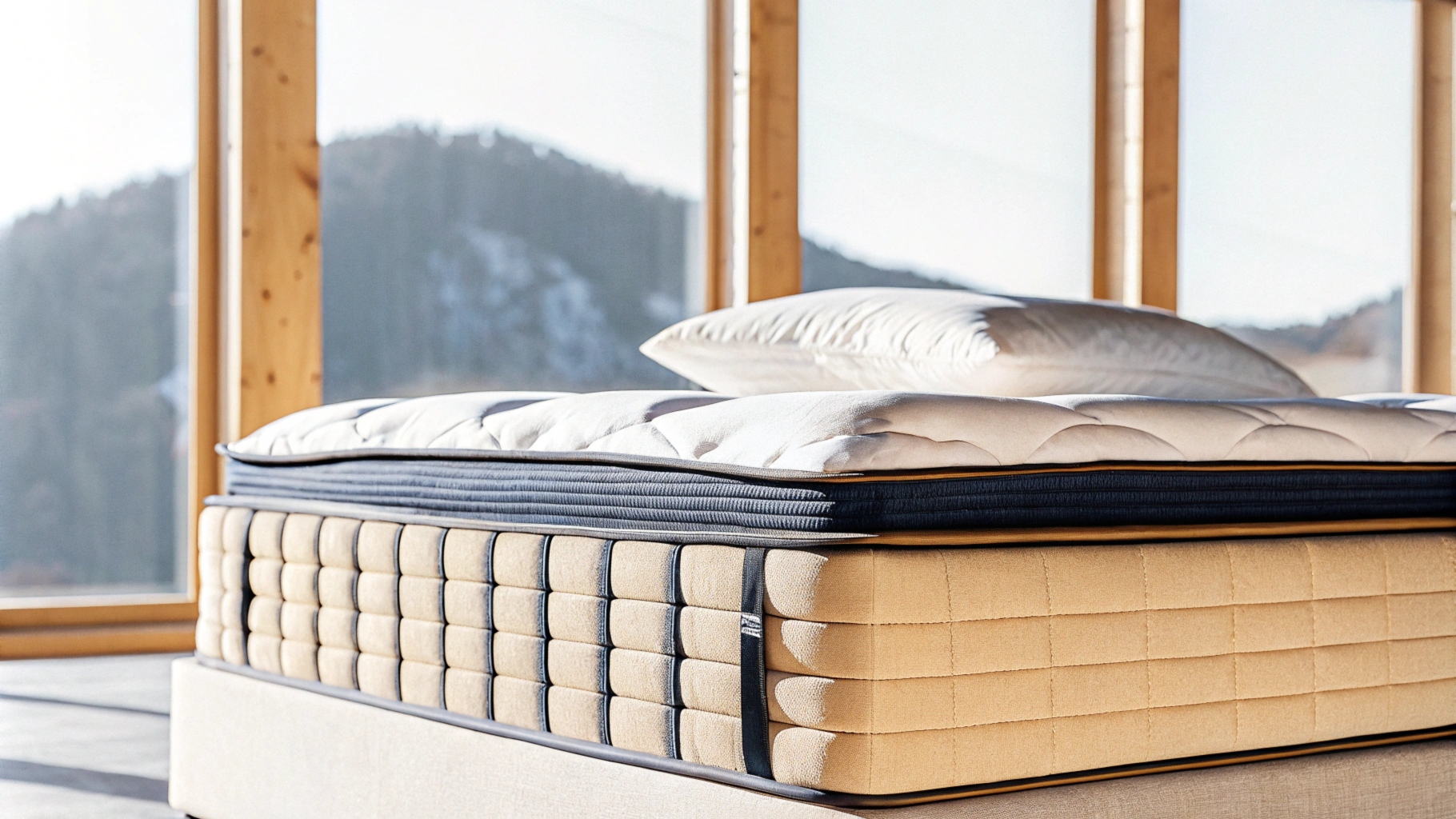 Luxury mattress with plush layers and pillows in a sunlit bedroom setting.