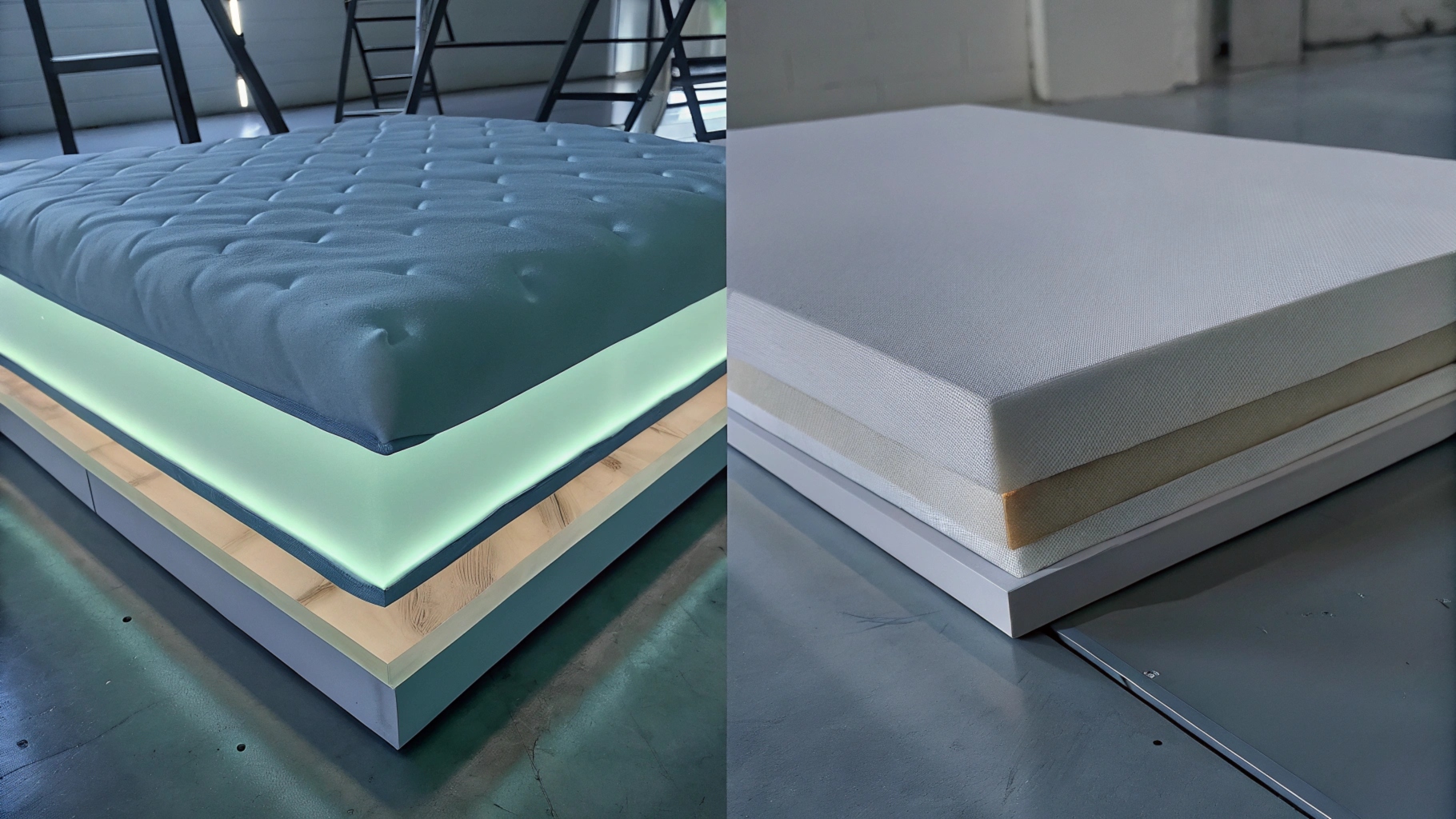 Two modern mattresses displayed, one with glowing base and one showing foam layers in cross-section.