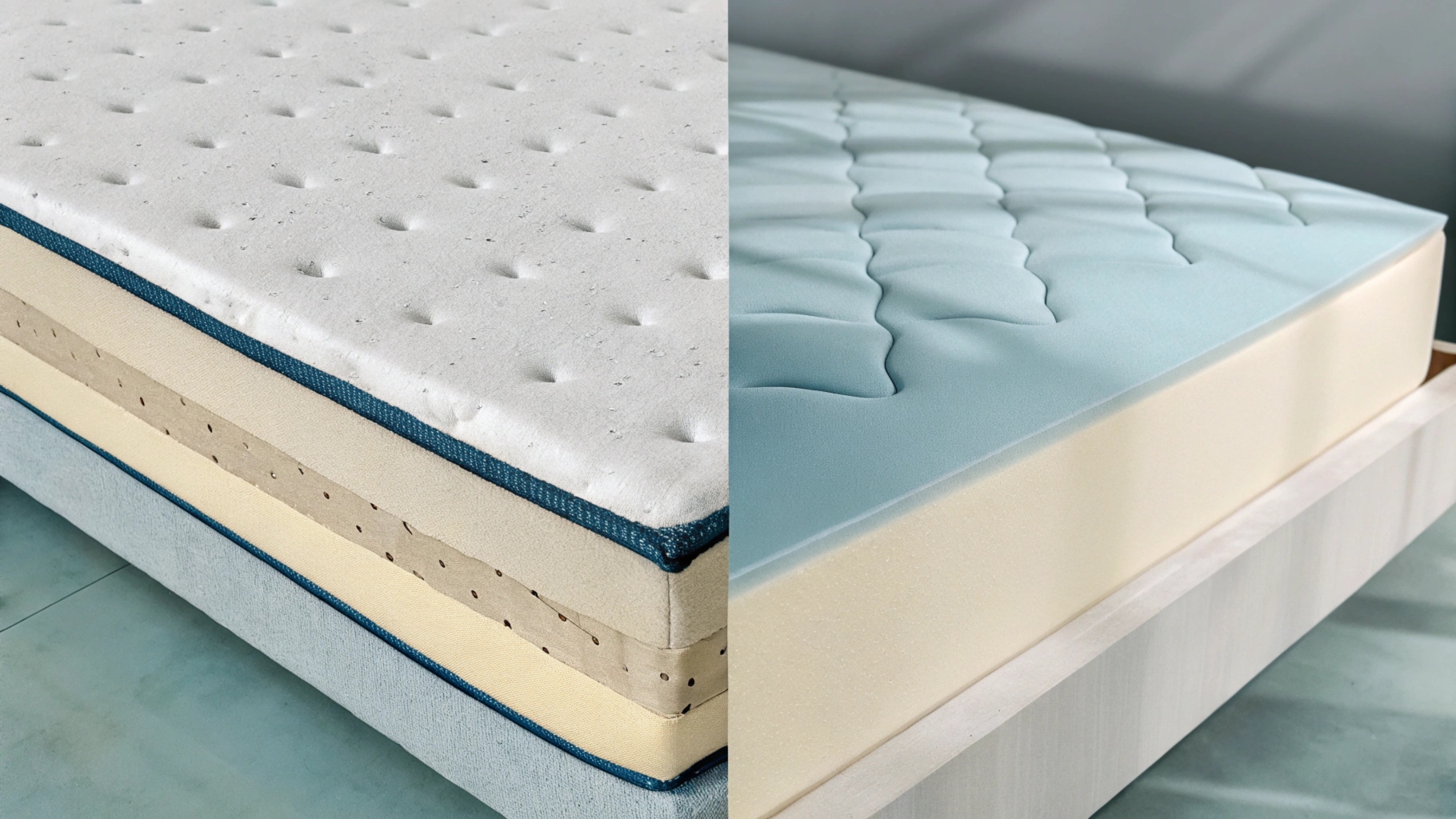 Side-by-side comparison of two mattresses showing different foam layers and quilted surfaces.