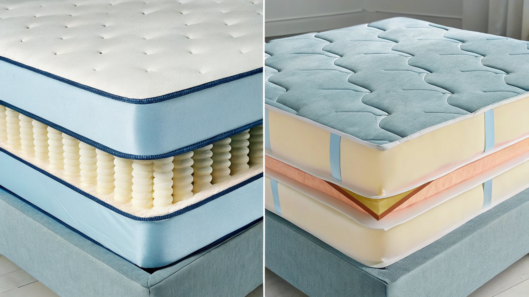 Split view of two mattresses showing spring coils and foam layers in cross-section designs.