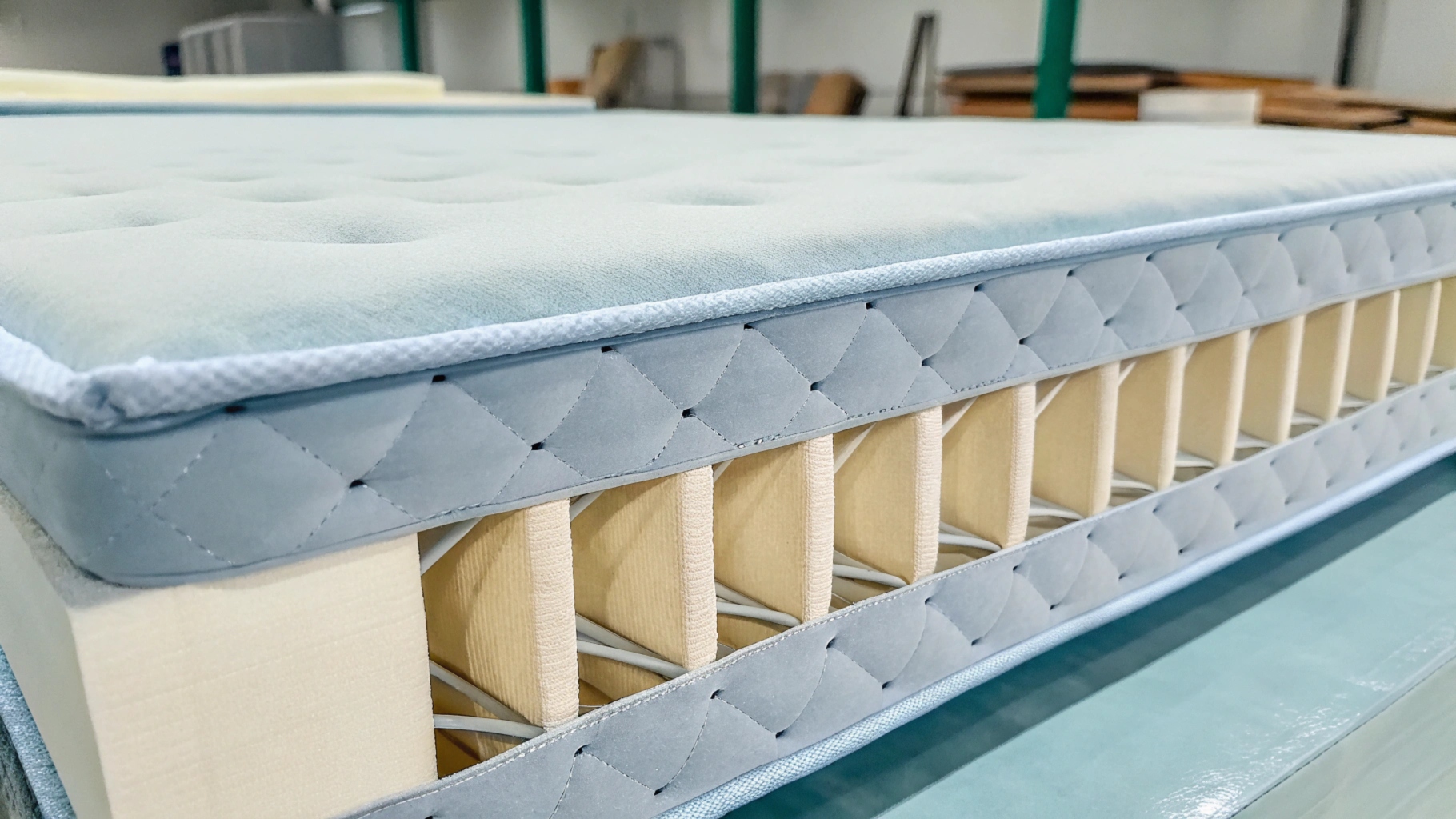 Cross-section of a mattress showing internal springs and foam layers in a workshop.