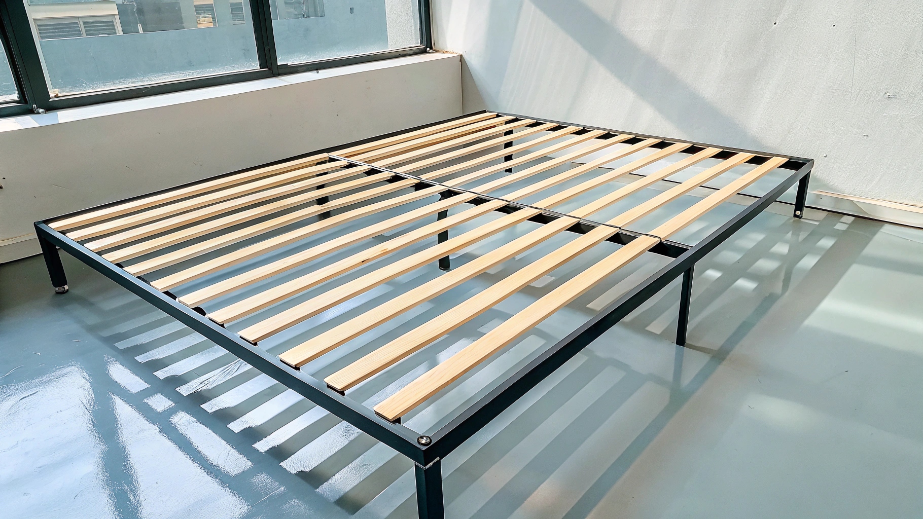 Minimalist square tube bed frame with a sleek black metal structure and wooden slats, set in a bright room with sunlight streaming through large windows.