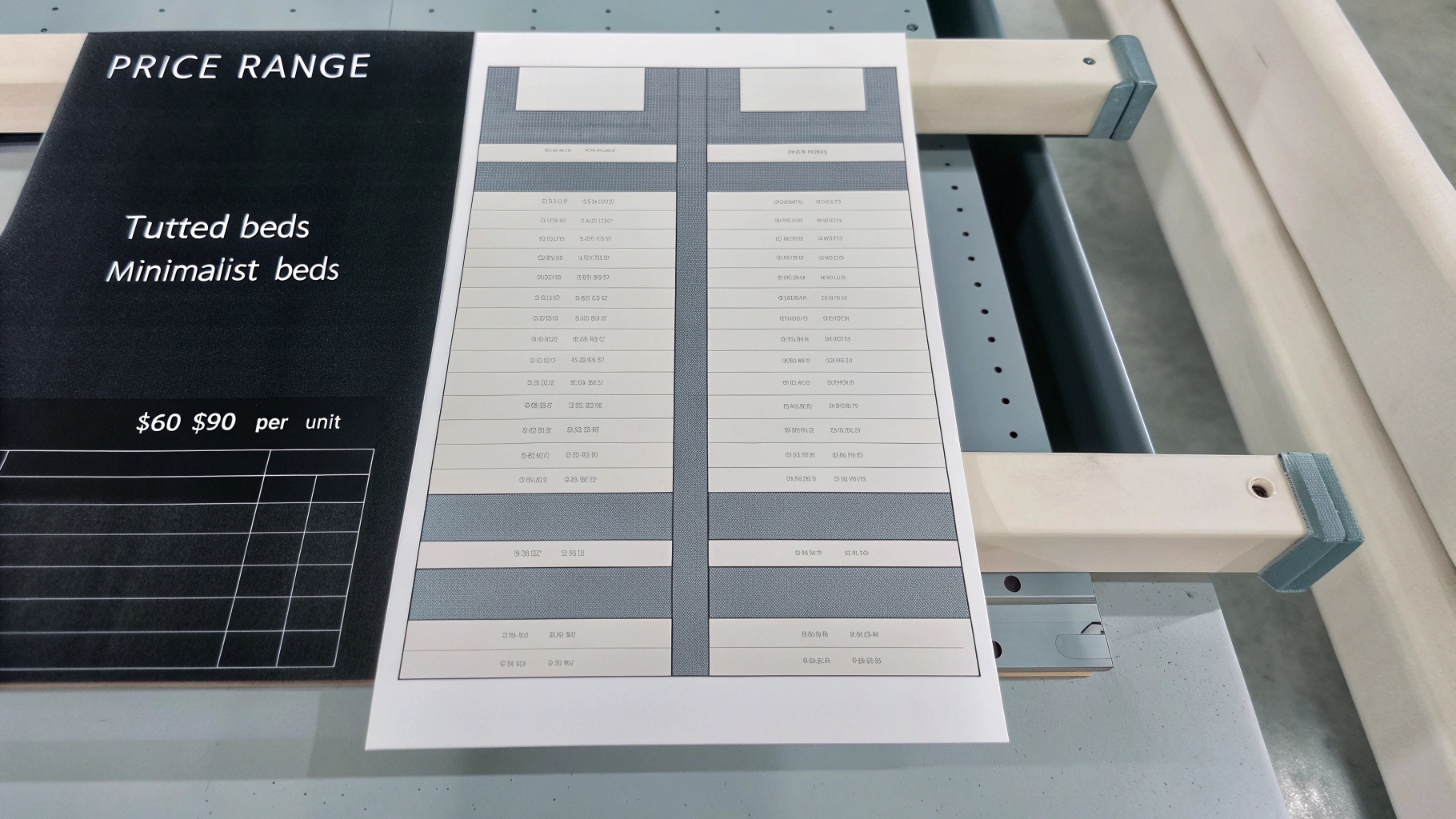 Price chart showing tufted and minimalist bed options with pricing $60–$90 per unit.