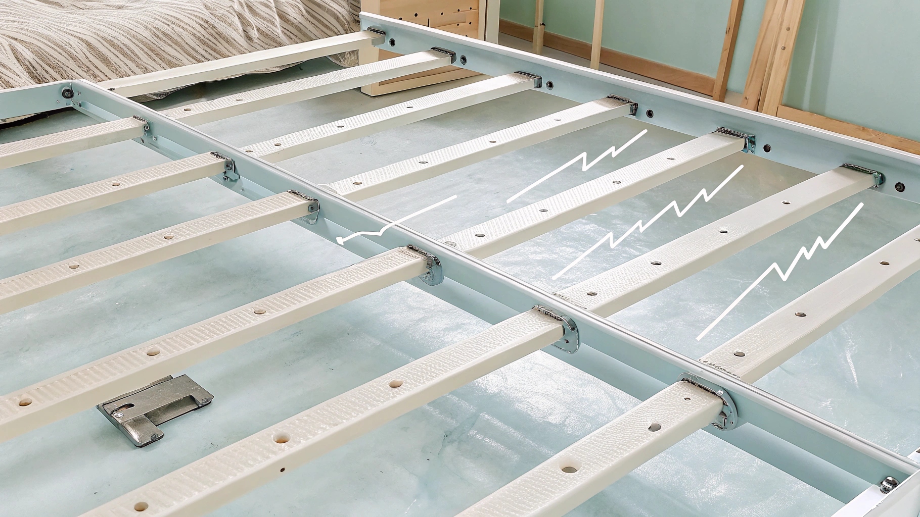 Close-up of a bed frame with white slats, metal supports, and a clean modern design.