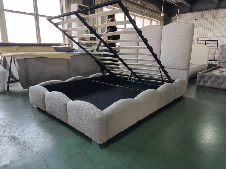 Boucle fabric bed with curve headboard and gas-lift base