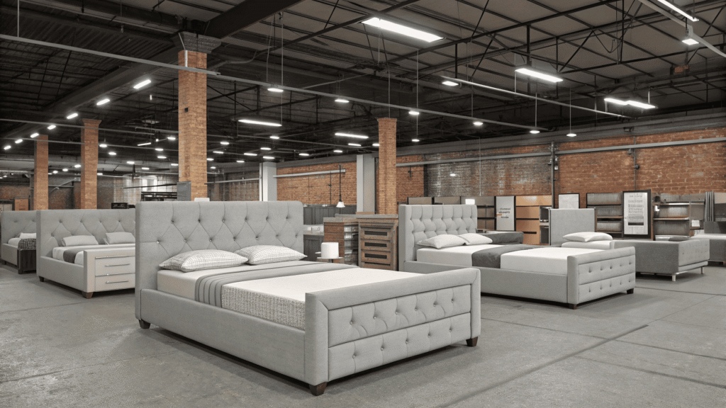 Showroom with gray upholstered bed frames on display in spacious warehouse