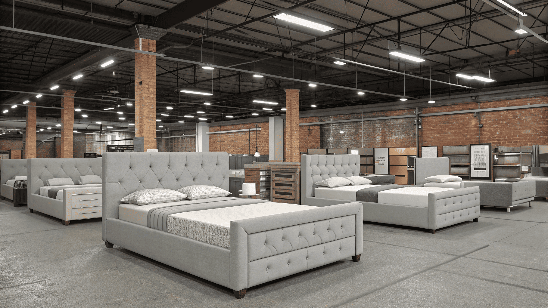 Showroom with gray upholstered bed frames on display in spacious warehouse