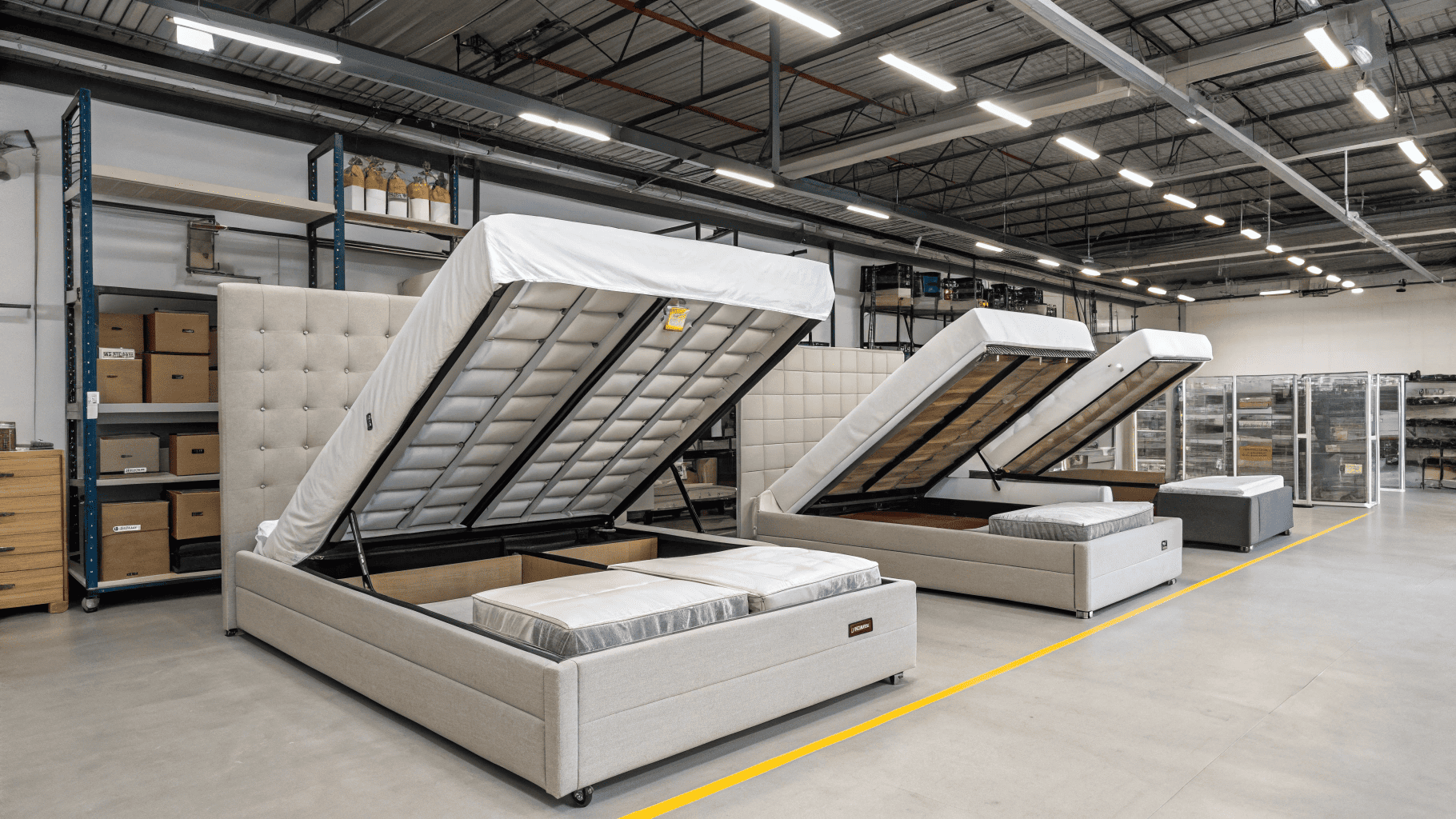 Storage bed with lift-up mechanism displayed in furniture warehouse