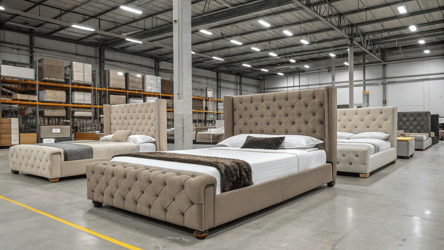 Spacious warehouse with various beige upholstered bed frames on display