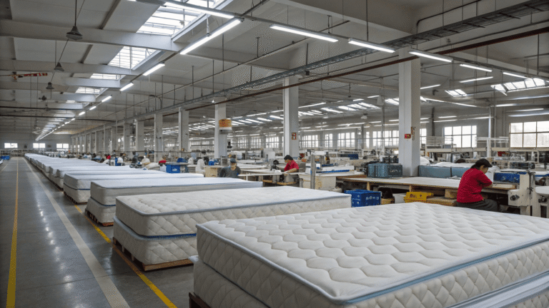 A map of China highlighting the Pearl River Delta and Yangtze River Delta as major mattress manufacturing hubs