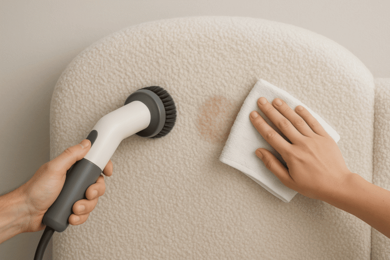 bouclé cleaning demonstration on headboard