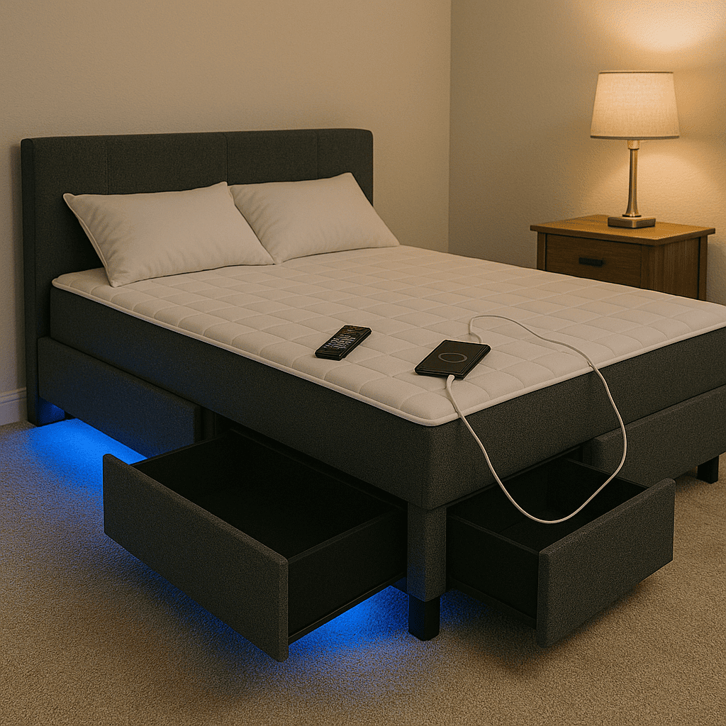 modern bed frame with LED light and storage