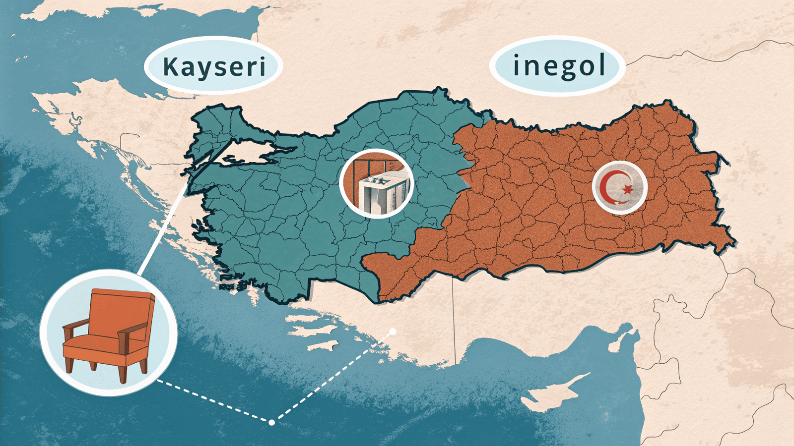Map of Turkey highlighting Kayseri and Inegol furniture hubs