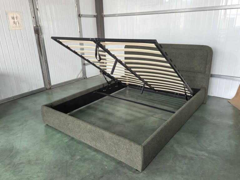 Velvet Upholstered Gas Lift Storage Bed with Foldable Slat Base