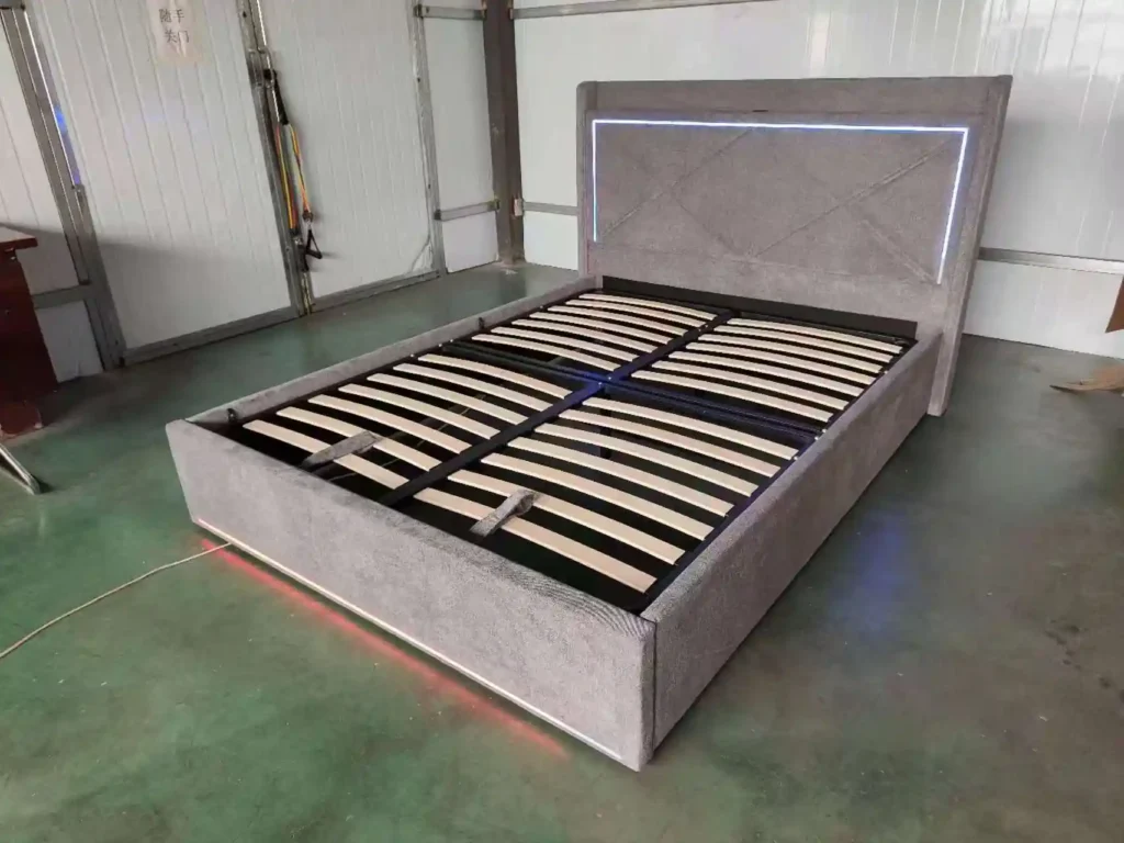 Upholstered Bed Frame with Led Light with Gas Lifting Folbable Bed Base