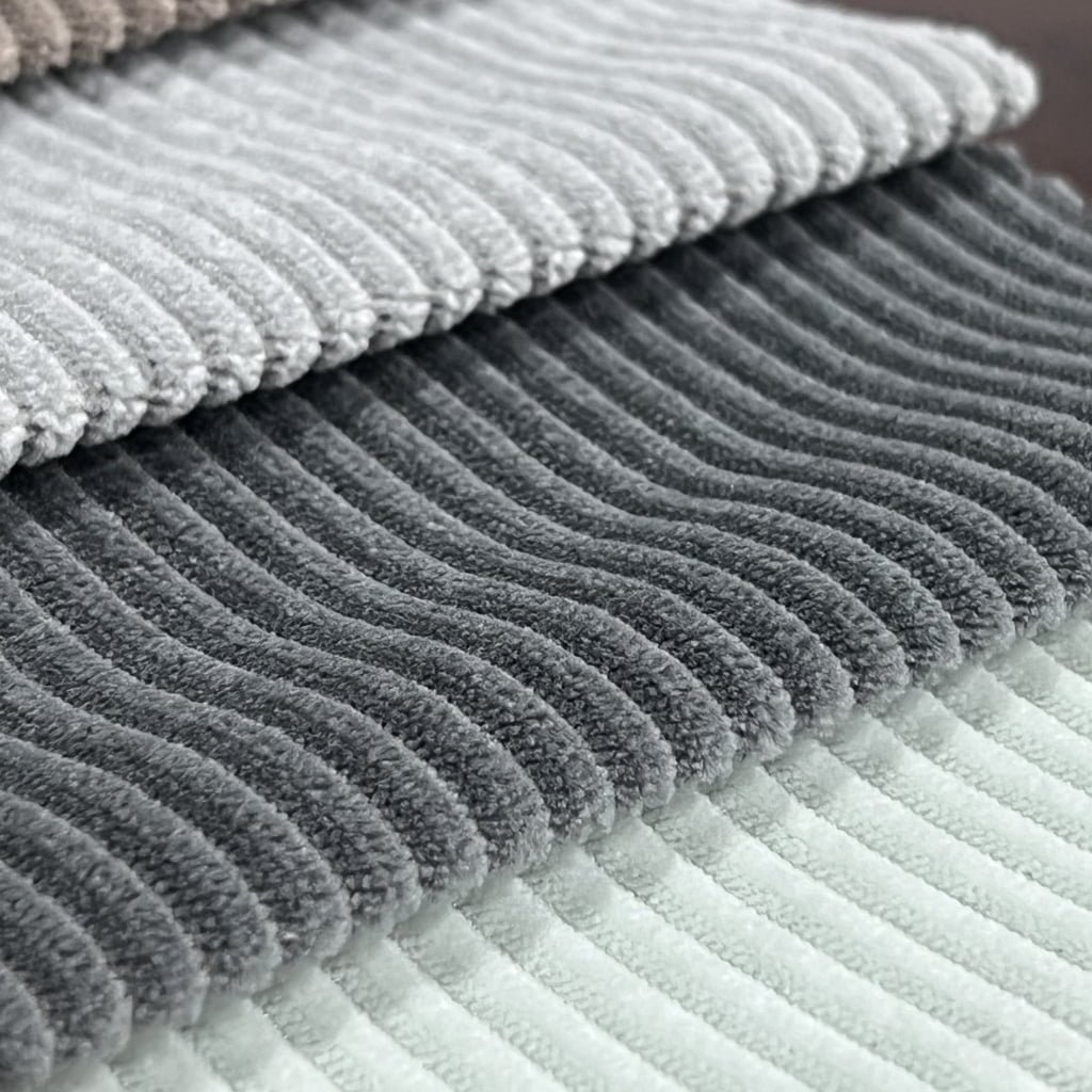 Corduroy upholstery fabric showing ribbed texture and colour options