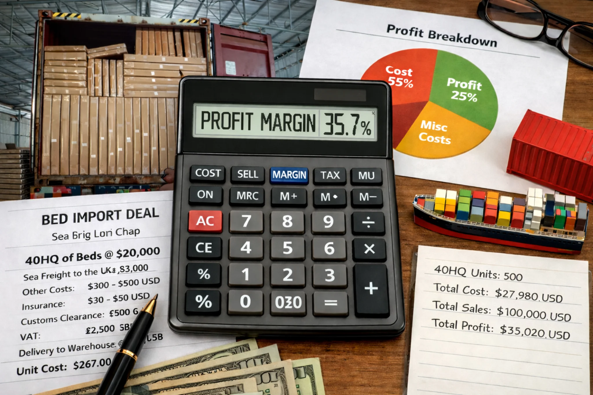 Calculating profit margins on Chinese beds A calculator showing profit margins on a bed import deal