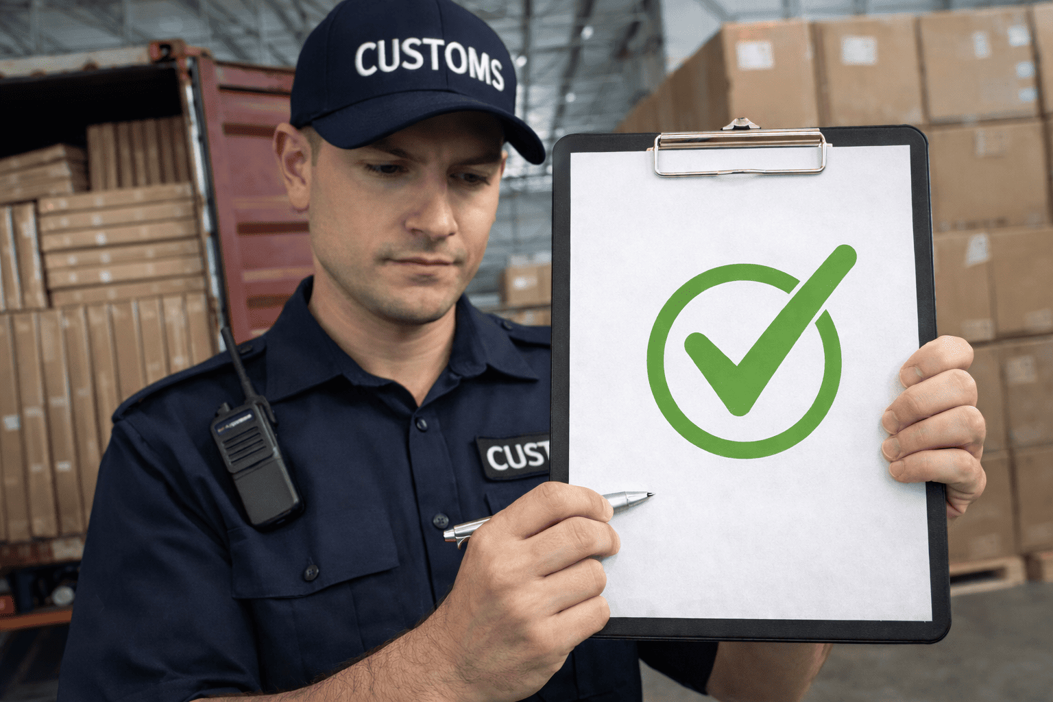 No anti-dumping duties on upholstered beds A customs officer inspecting documents with a green checkmark