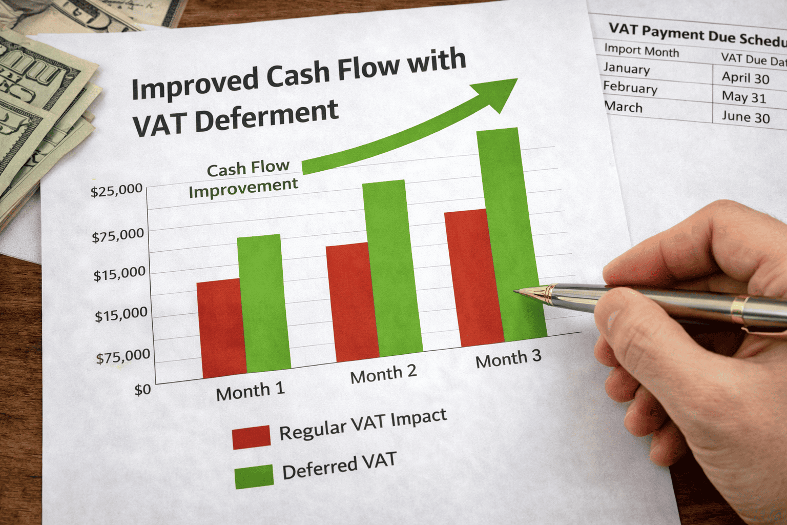 VAT deferment for importers A chart showing improved cash flow with VAT deferment