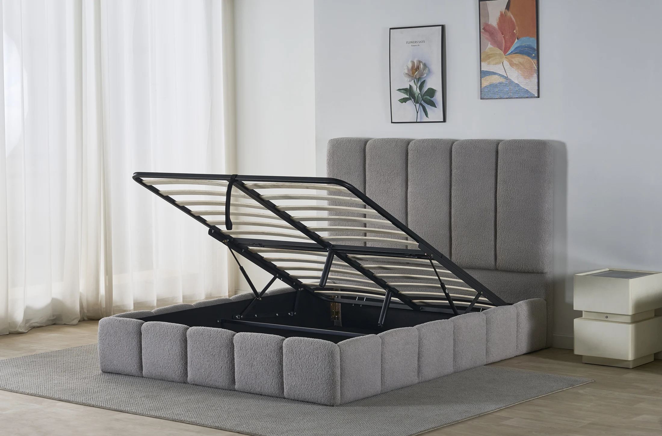 Block-Panel Winged Upholstered Bed Frame image 2