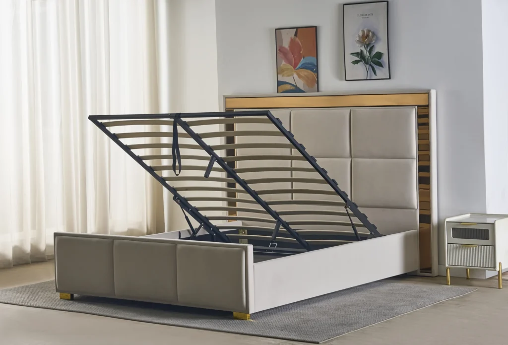 Mirror-Accent Panel Gas Lift Storage Bed