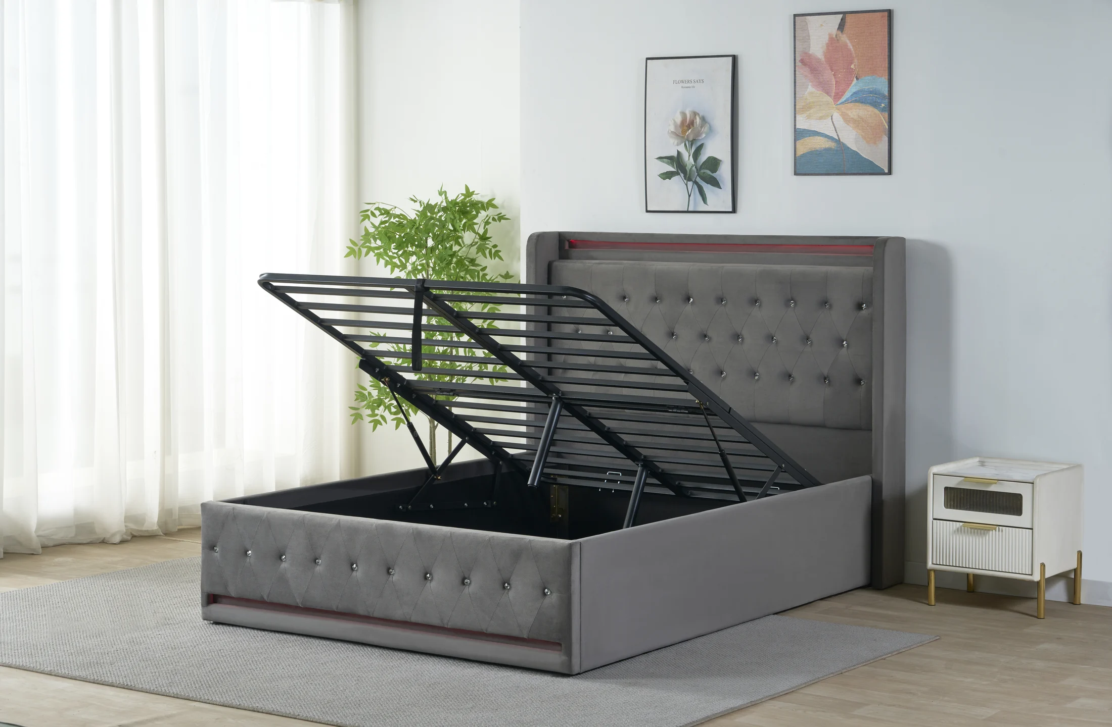 LED Tufted Gas Lift Storage Bed