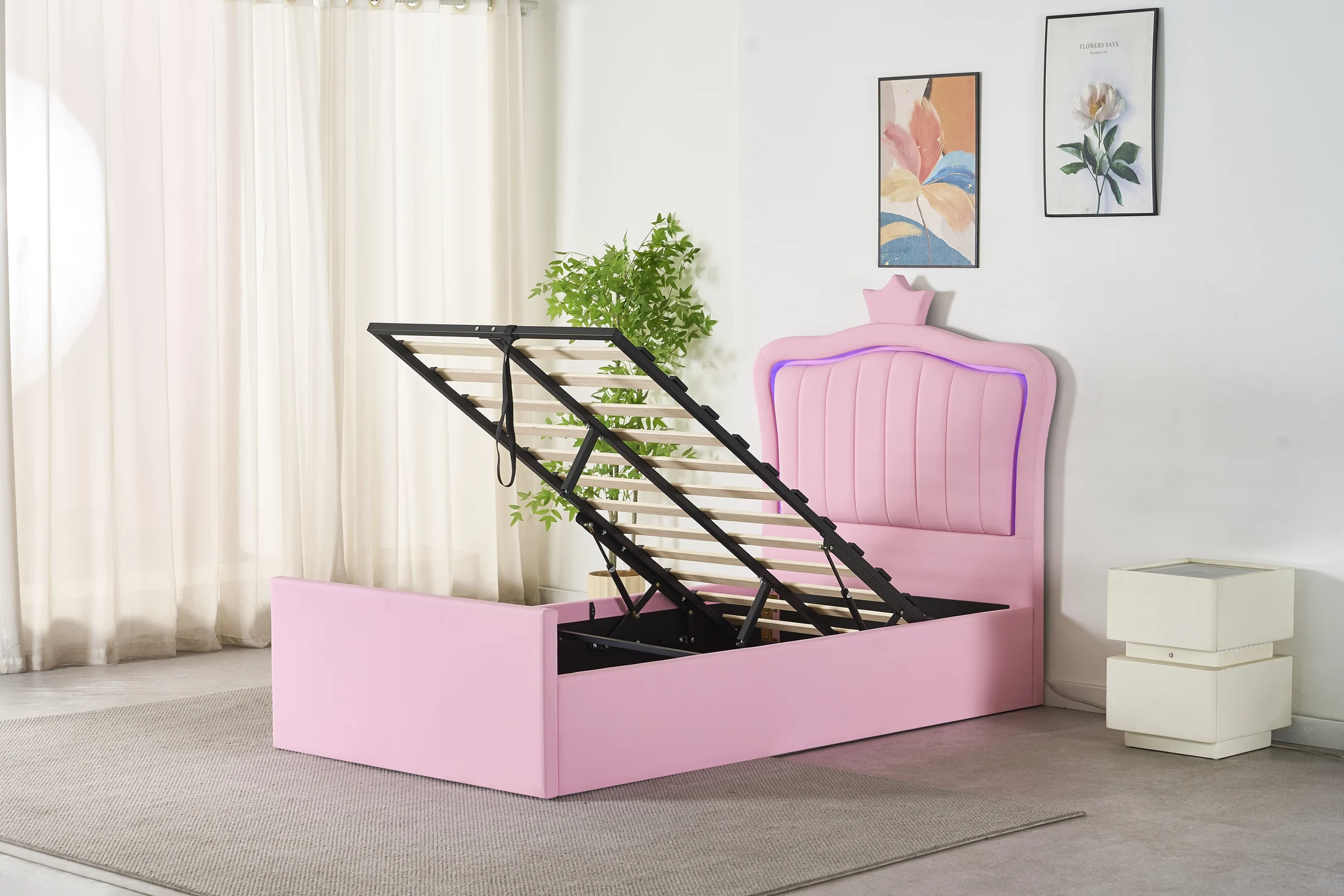 Princess Crown LED USB Gas Lift Storage Bed