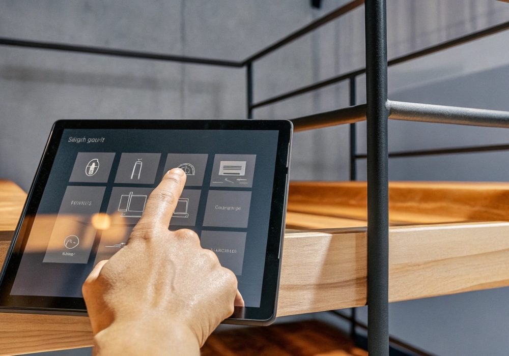 Hand interacting with a touchscreen tablet displaying home automation controls.